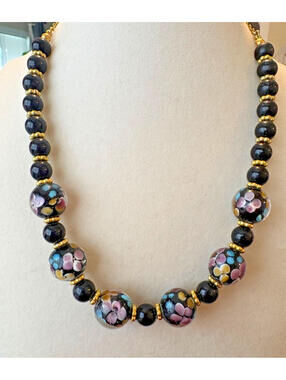 Gold Tone Black Floral Venetian Lampwork Glass Beaded Necklace & Pierced Earring